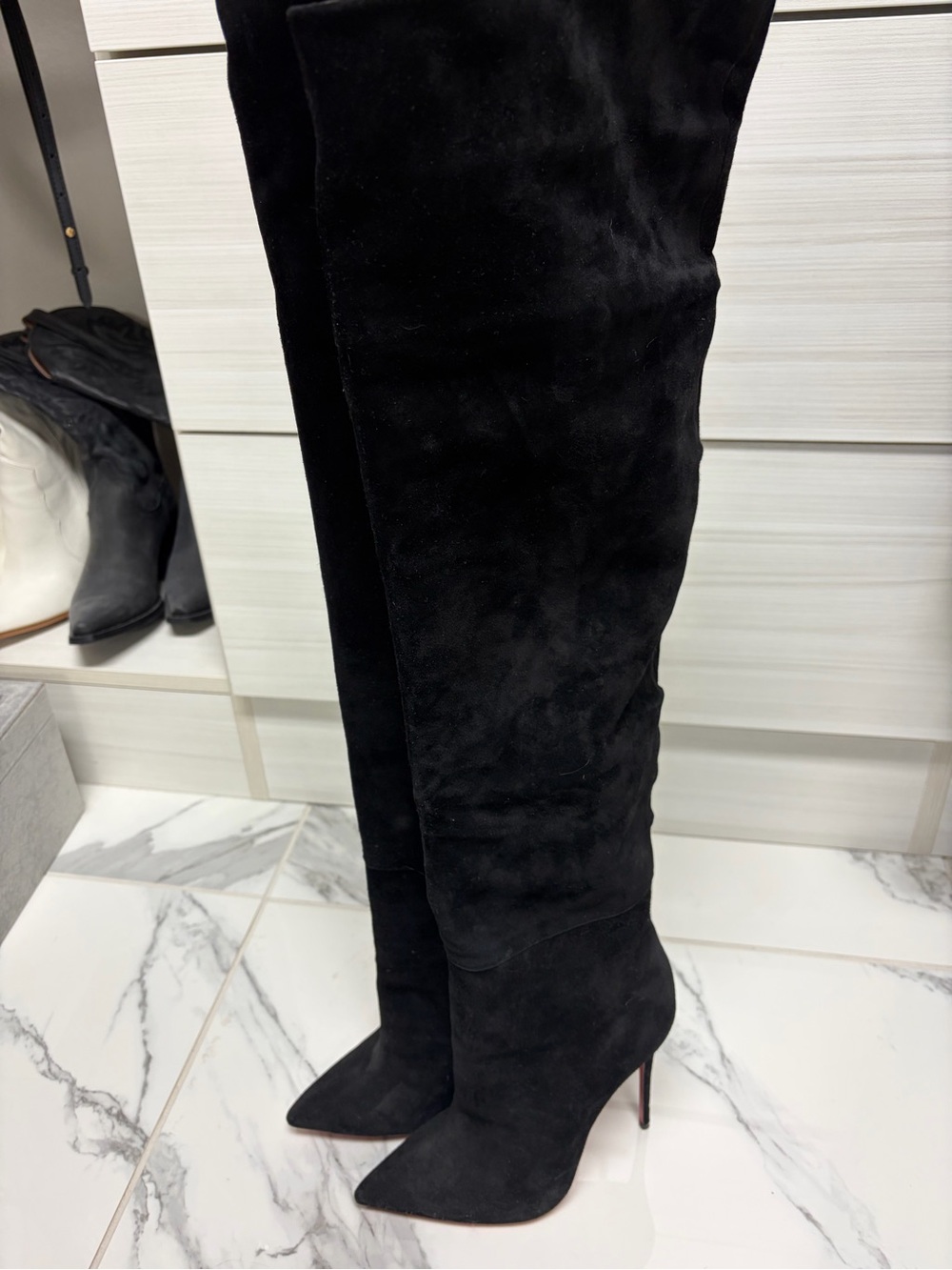 Christian Louboutin Black Suede Over-the-Knee Boots-New